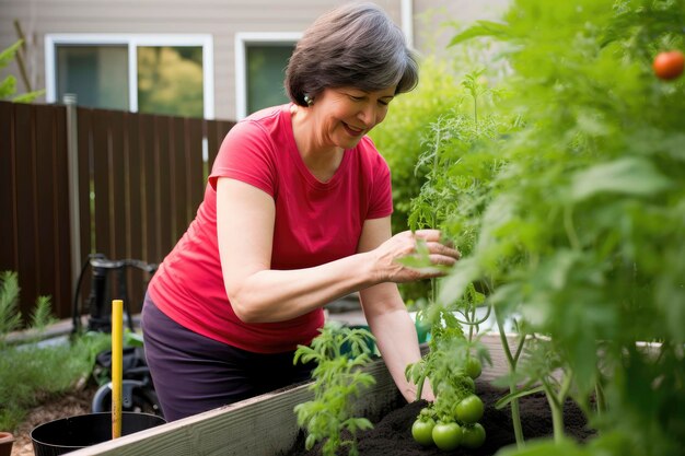 Mulher sênior sorridente trabalhando no jardim uma mulher idosa cultiva legumes no jardim