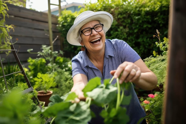 Mulher sênior sorridente trabalhando no jardim uma mulher idosa cultiva legumes no jardim