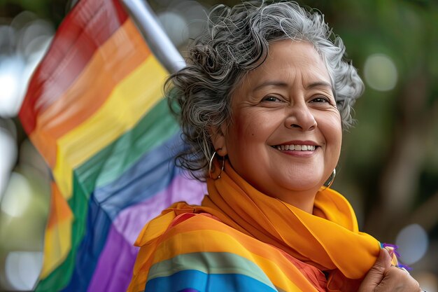 Mulher sênior sorrindo segurando bandeira arco-íris celebrando a Parada do Orgulho LGBTQIA