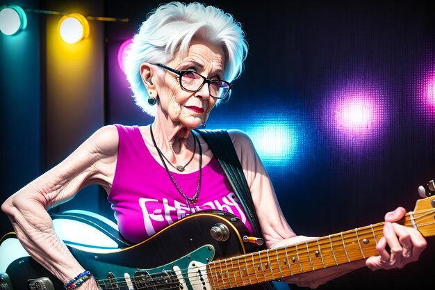 Mulher sênior tocando guitarra elétrica