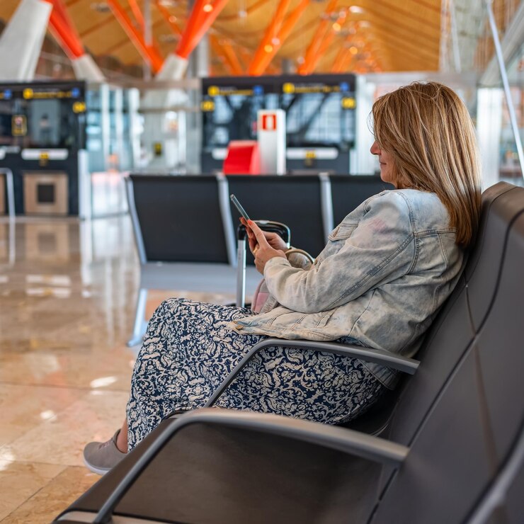 Foto mulher senta-se no terminal do aeroporto enquanto espera para embarcar no avião