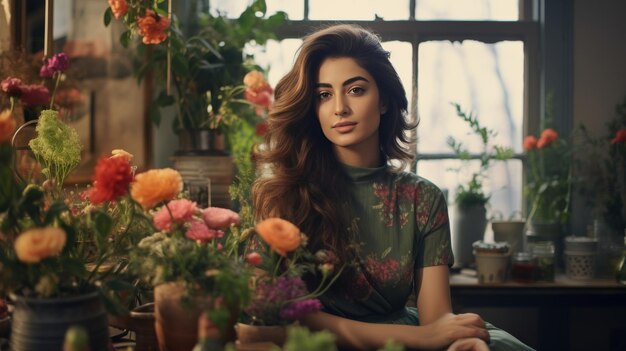 Mulher sentada à mesa cercada de plantas em vaso