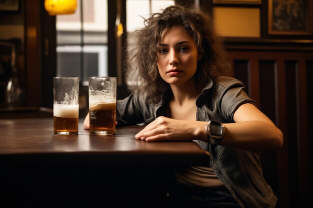 Foto mulher sentada à mesa com dois copos de cerveja