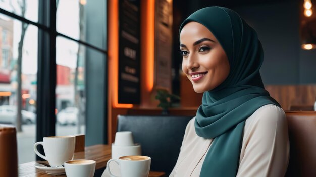 Foto mulher sentada à mesa com duas xícaras de café