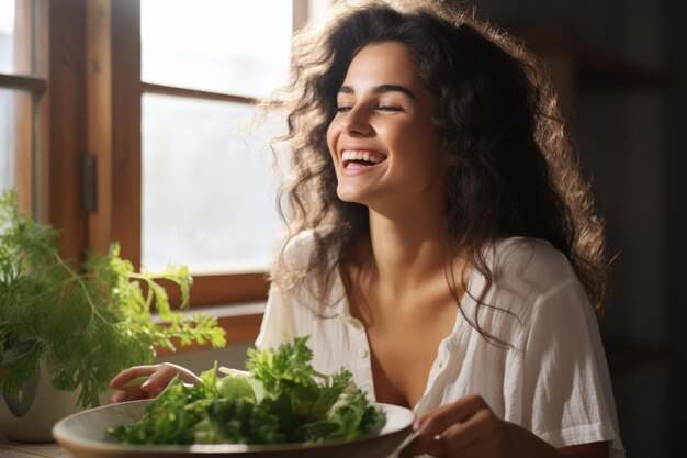 Foto mulher sentada à mesa com um prato de comida