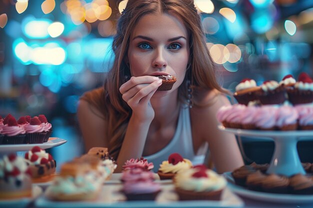 Mulher sentada à mesa comendo inúmeras sobremesas