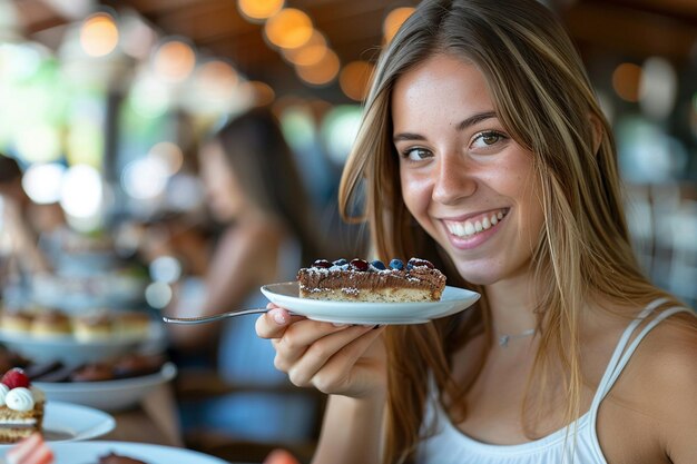 Foto mulher sentada à mesa comendo inúmeras sobremesas