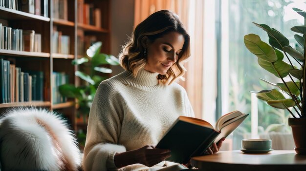 Mulher sentada à mesa lendo um livro