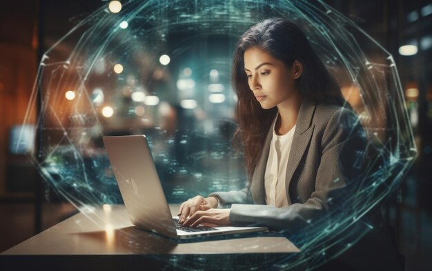 Foto mulher sentada à mesa usando computador portátil