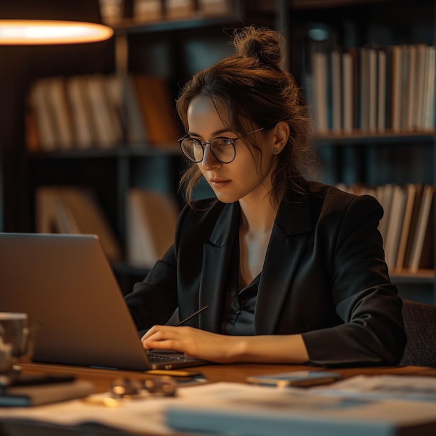 Mulher sentada à mesa usando computador portátil