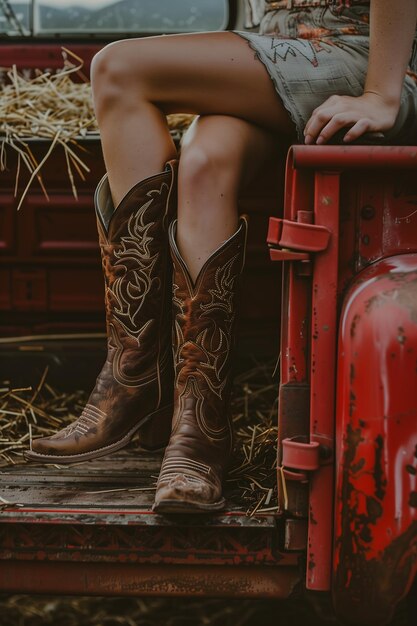 Foto mulher sentada atrás caminhão vermelho botas de cowboy pistoleiro ocidental invulgarmente atraentes foguetes de madeira