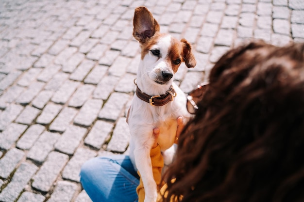 Mulher sentada com o cão ao ar livre