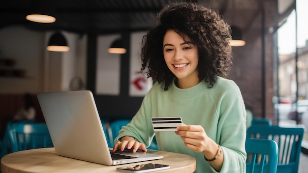 Mulher sentada com um laptop e pagou com um cartão de crédito em um café