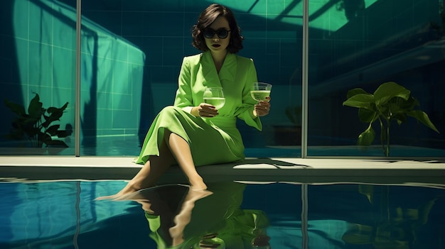 Mulher sentada de pernas cruzadas à beira de uma piscina