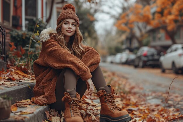 Foto mulher sentada em degraus em folhas