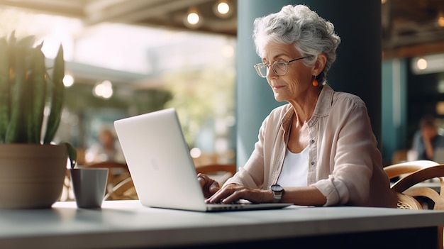 Mulher sentada em um café e digitando laptop trabalhando ou estudando conceito on-line
