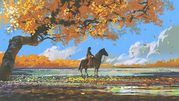 mulher sentada em um cavalo sob uma árvore de outono, estilo de arte digital, pintura de ilustração