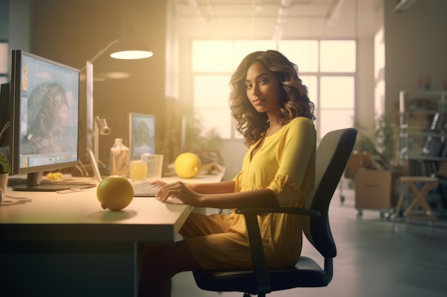 Mulher sentada em um escritório com uma limonada criada com tecnologia de IA generativa