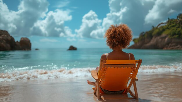 Foto mulher sentada em uma cadeira na praia desfrutando de um dia relaxante ao ar livre ia generativa