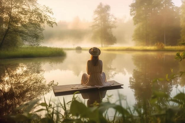 Mulher sentada em uma jangada em frente a um lago