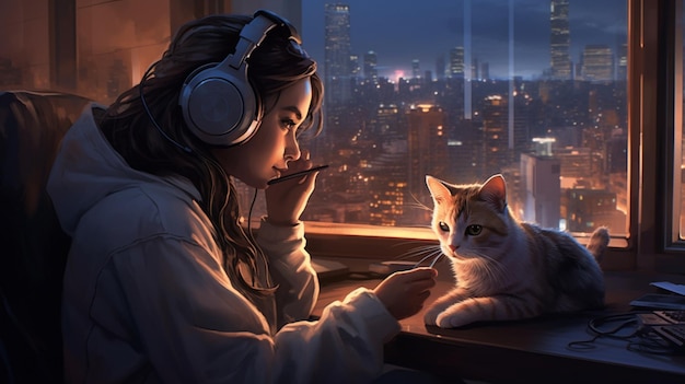 mulher sentada em uma mesa com um gato e fones de ouvido em generativa ai