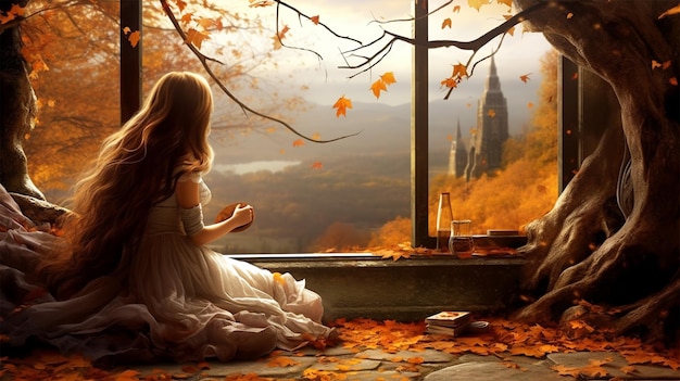 Mulher sentada em uma paisagem de outono gerada por IA