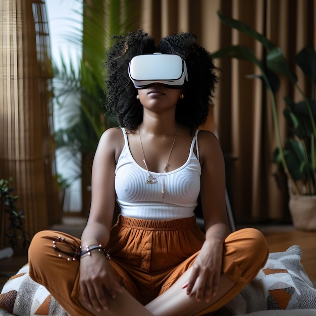 Mulher sentada imersa usando realidade virtual