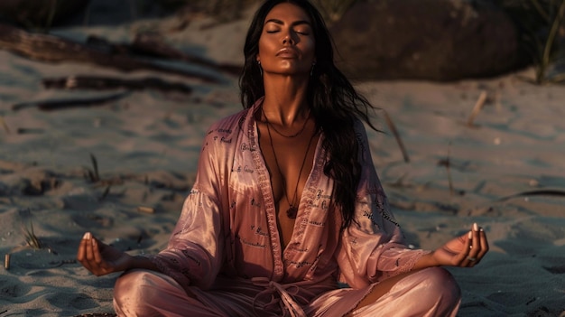 Foto mulher sentada na areia com os olhos fechados e olhos fechados generativo ai