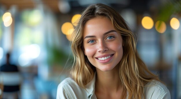 Mulher sentada na entrevista e sorrindo.