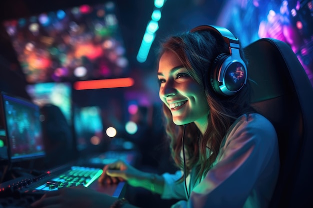 Mulher sentada na mesa do computador e jogando jogos