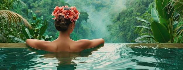 Mulher sentada na piscina com flores no cabelo