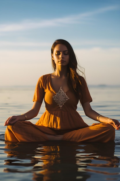 Foto mulher sentada na posição de lótus ioga na natureza meditação fantasia relaxamento