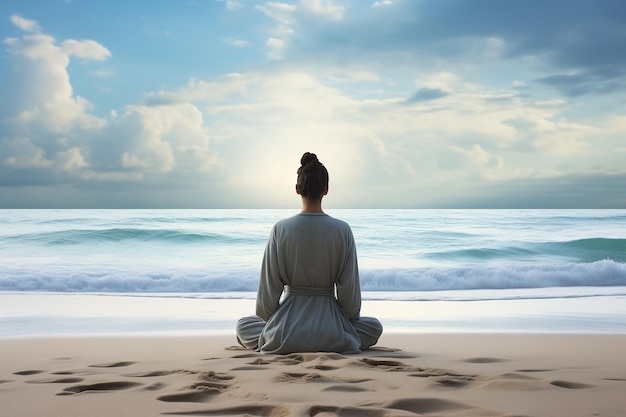 mulher sentada na praia olhando oceano pequena piscina de relaxamento bem-estar interconectada humana triunfantemente
