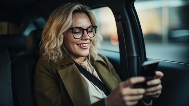 Foto mulher sentada no banco de trás em um carro de táxi sorrindo usando aplicativo de smartphone aplicativo de reserva de táxi