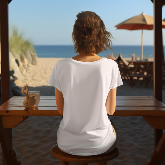 Mulher sentada no café da praia vestindo uma camiseta branca branca voltada para trás