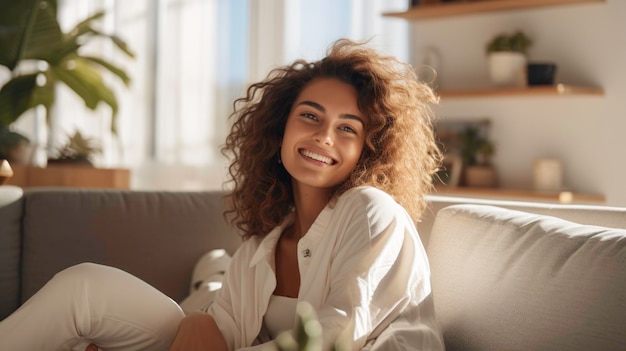 mulher sentada no sofá sorrindo decoração minimalista cena diurna