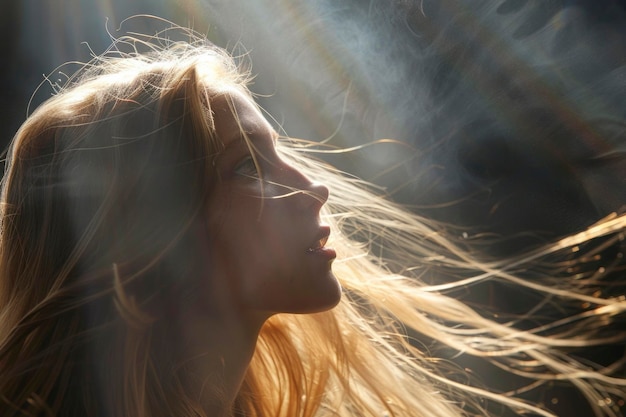 Mulher serena a desfrutar da luz do sol com o vento no cabelo.