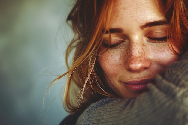 Mulher serena abraçando-se em um lenço de tricô quente sentindo-se aconchegada e satisfeita com o close-up sorrindo