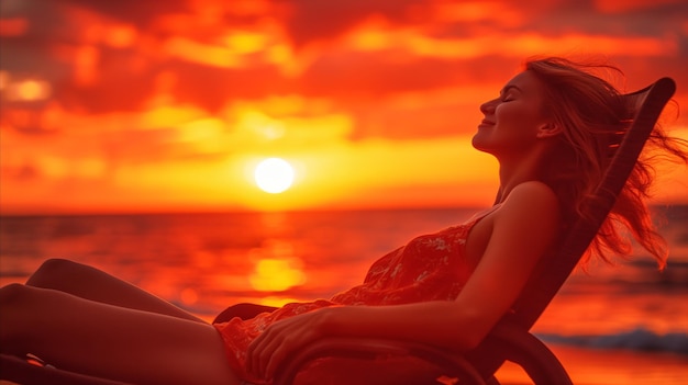 Mulher serena apreciando um lindo pôr do sol na praia em uma espreguiçadeira