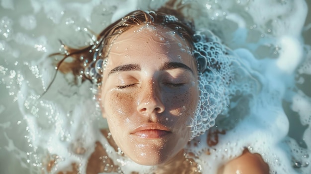 Mulher serena com os olhos fechados na água