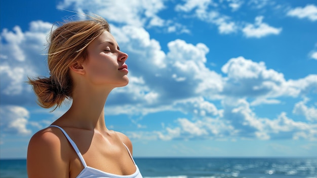 Mulher serena desfrutando de liberdade à beira-mar sob um céu azul