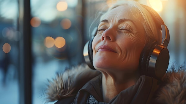 Mulher serena desfrutando de música ao anoitecer IA generativa