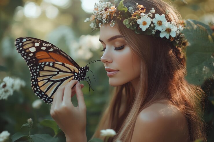 Foto mulher serena em coroa floral em um jardim encantado conectando-se com uma borboleta monarca