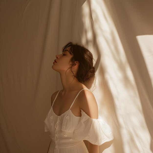 Mulher serena em uma sala iluminada pelo sol com cortinas transparentes inteligência artificial generativa