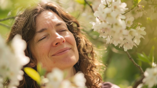 Mulher serena entre flores brancas olhos fechados num jardim coberto de sol