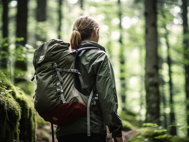 Mulher Serena Explorando a Floresta Encantadora com uma Mochila Uma Obra-prima de IA Generativa