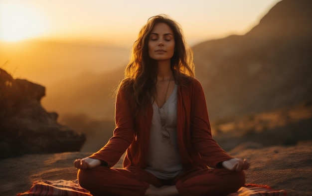 Mulher serena meditando na montanha AI