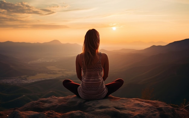 Mulher serena meditando na montanha AI