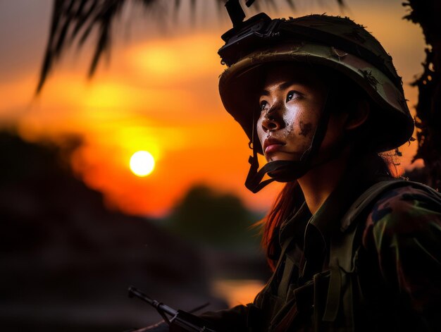 Foto mulher serve como soldado dedicado e destemido