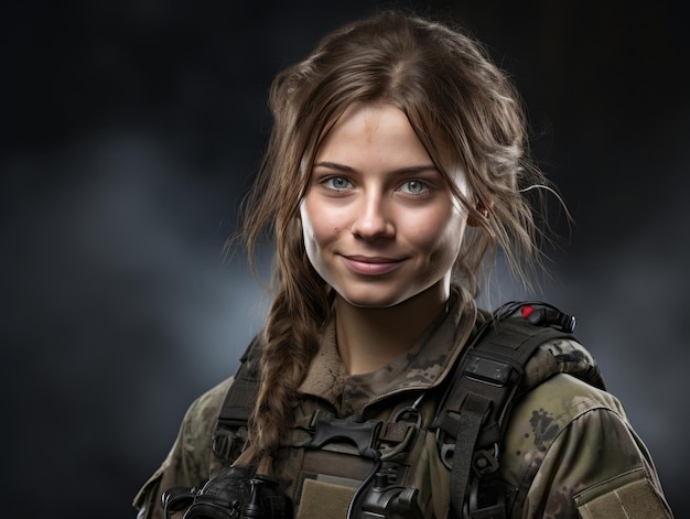 Foto mulher serve como soldado dedicado e destemido